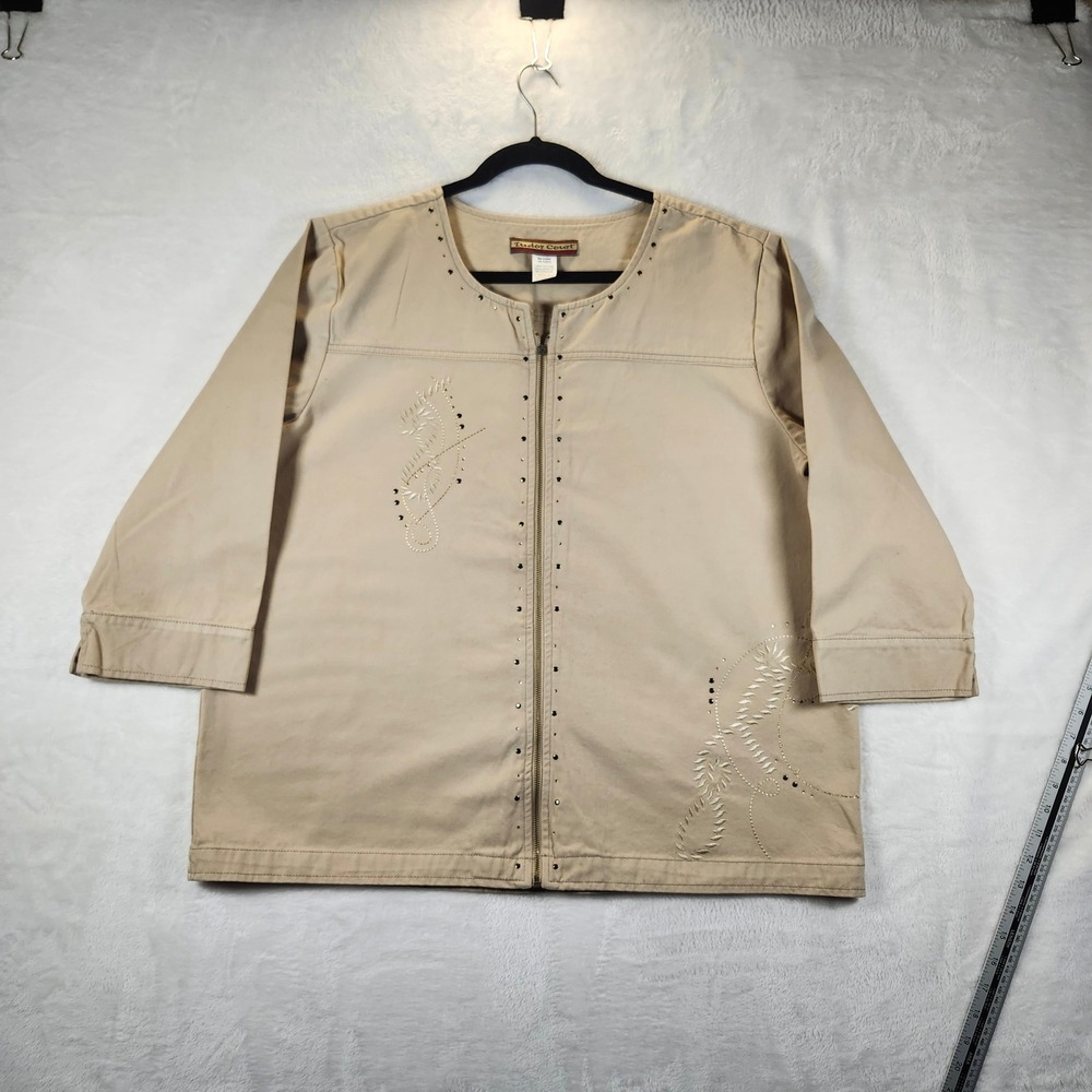 Tudor Court Tan Cotton Zip Front Embroidered Rhinestone‎ Jacket XL D6P Khaki